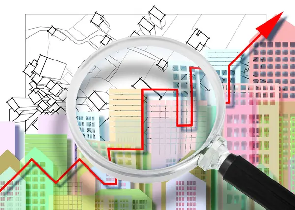 stock image Exploring real estate market dynamics - Concept with cityscape, rising graph and cadastral map.