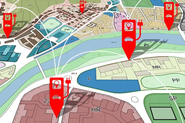 stock image Electric Vehicle Charging Station concept with imaginary city map and electric charging point positioning signs