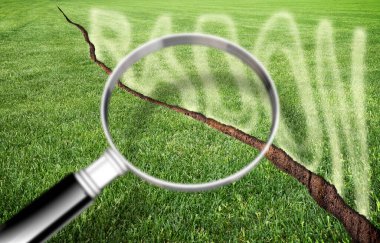 A green mowed lawn with a diagonal crack with radon gas escaping - concept with magnifying glass clipart