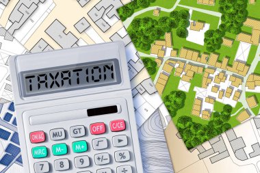 Property Tax on buildings concept image with an imaginary cadastral map and calculator with taxation text written on it. clipart