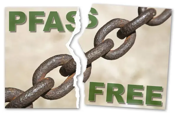 stock image Free from PFAS, PFOS and PFOA dangerous synthetic substances used in products and materials due to their enhanced water-resistant properties - Breaking the chains concept 