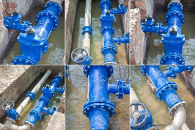 Yol yüzeyinin altında taşınacak yeni bir içme suyu sistemine sahip inşaat alanı - çok sayıda görüntünün bileşimi 