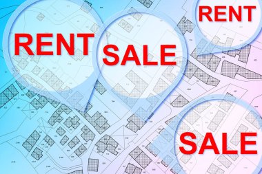 Hayali kadastro bölge haritası ve reklam tabelalarıyla kira ve satış konsepti 