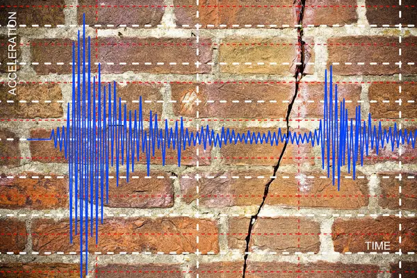 stock image Earthquake wave graph concept with cracked and damaged brick wall