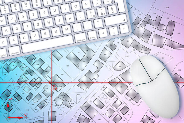 Imaginary cadastral map of territory with buildings and roads drawn with a CAD - Computer Aided Design - computer software in dwg format file
