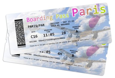 Paris 'e uçak bileti biletleri beyazların üzerinde izole bir şekilde. Görüntünün içeriği tamamen uydurulmuş ve başka bir yerde ihlal edilmemiş.