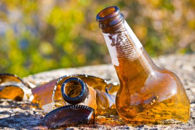 Yere yığılmış bira şişesi: alkolizm konsepti - tonlu imaj