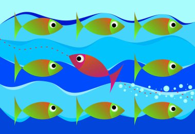 Swimmming against the tide or standing out from the crowd - concept image with fish goes in the opposite direction to the group. clipart