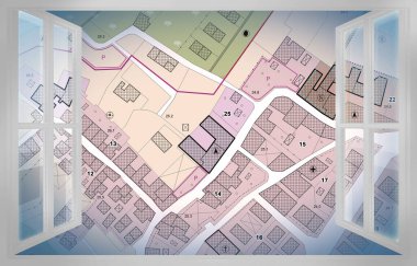 Hayali Kadastro ve Genel Şehir Planlama Konsepti - Bölgelendirme yönetmelikleri, imar bölgeleri, kentsel hedefler, arazi kullanımı ve bir pencere yoluyla görünen inşa edilebilir alanlar