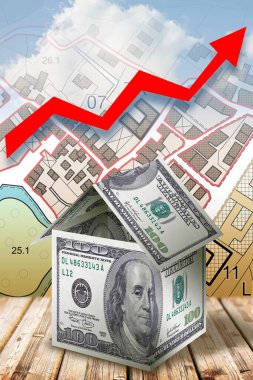 AMERİKA GERÇEK MERKEZİ Marketi - KOSTALARIN VE MERKEZLER YAZAR - Dolar evi, hayali kadastro haritası ve yükselen grafik kavramı 