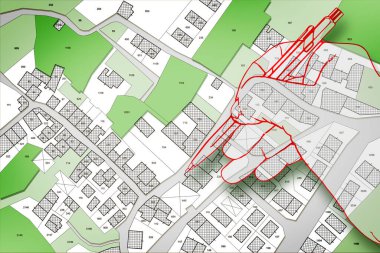 Kamu parkı ve doğal yeşil arazili, kadastro arazili hayali şehir haritası - kadastro haritalı konsept çizimi.