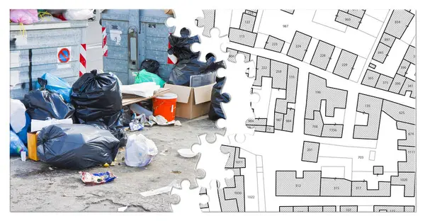 Şehir yolunda taşan çöp bidonları - şehir hayatı konsepti ile hayali şehir haritası