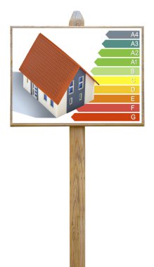 Kolayca seçilebilmek için beyaz zemin üzerine izole edilmiş yeni Avrupa yasalarına göre - ev modeli kavramı ve ahşap pankart - BÜYÜK ENERJİ EFİKLİSİ