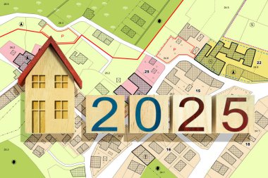 2025 BUILDING ACTIVITY AND CONSTRUCTION INDUSTRY HOUSING CONCEPT - 2025 Real Estate and Homeowner Association development concept with residential home model and General Urban Plan clipart