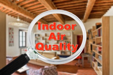 INDOOR AIR QUALITY CONCEPT with residential home interior and magnifying glass clipart