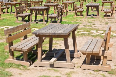 Kamu parkında yeşil bir çayırda bençleri olan PICNIC TÜRKÇE YAĞI