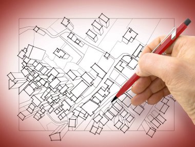 3d binalar, alanlar, yollar ve bir yerleşim bölgesinin arazi parsel ile arazi hayali bir kadastro haritası üzerinde el çizim - kopya alanı ile görüntü