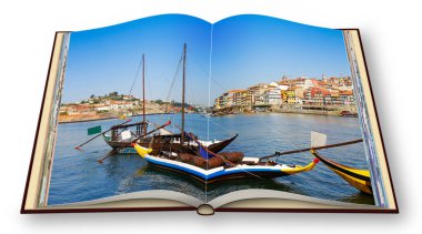 Typical portuguese wooden boats, called barcos rabelos, used in the past to transport the famous port wine (Porto-Oporto-Portugal-Europe) - 3D render of an opened photo book  clipart