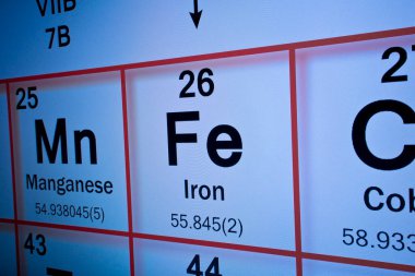 IRON Kimyasal Ögesi - PC monitörünün makro fotoğraflarıyla birlikte Mendeleev periyodik tablo kavramı