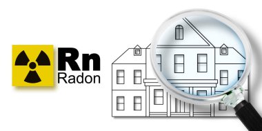 Evlerimizdeki radon gazı tehlikesi - elementlerin periyodik tablosu, radyoaktif uyarı sembolü ve büyüteçle görülen Amerikan ev silueti kavramı