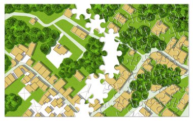 Konut binaları, yollar, bahçeler yeşil alanlar ve ağaçlar ile hayali şehir haritası - yapboz şekilli yeşil şehir konsepti.