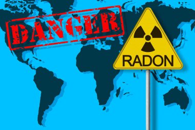 RADON GAS 'tan tehlikeli radyoaktif kirlenme hakkında uyarı sinyali - Dünya haritası illüstrasyonuna karşı radyoaktivitenin uyarı sembolü olan tehlike kavramı - kopyalama alanı