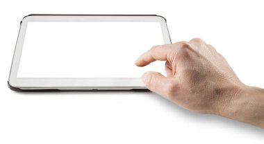 Elle boş dijital tablet - beyaz üzerine izole edilmiş kopyalama alanı ile kavram