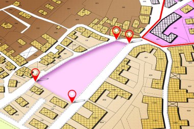 Land management concept with an imaginary General Urban Plan map with a vacant land available for sale or building constructio clipart