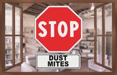 Stop indoor dust mites - concept image with road sign seen through an open window. clipart