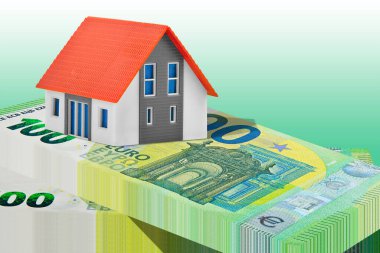 How much is my home worth? - Property Real Estate concept with a home model, Euro banknote  - Growth in property value and Tax on buildings concept. clipart