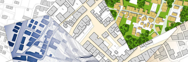 Воображаемая кадастровая карта со зданиями, земельным участком и свободным участком - земельные книги и реестр имущества с кадастровой документацией и идентификацией земельного участка