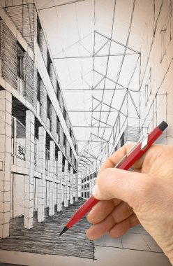 Mimar, tasarımcı ya da mühendis zarif, yeni modern bir kasabada yeni bir binanın taslağını tasarlıyor - kamu konut imajı.