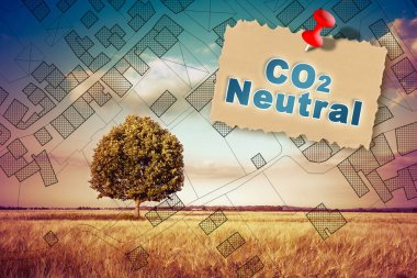 Yapı endüstrisinde CO2 nötr ve yalnız ağacı ve hayali şehir haritası olan doğal bir manzaraya karşı evle birlikte etkinlik oluşturuluyor
