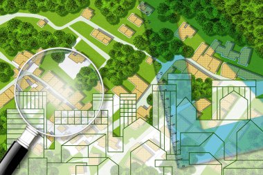 Şehir manzaralı, binalı, yollu ve arazi parselli hayali bir kadastro haritalı gayrimenkul kavramı. Plastik kare ve büyüteçle konsept.