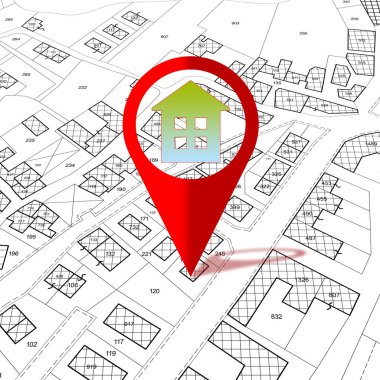 Yeni ev aranıyor - binalar ve ev ikonu olan hayali bir kadastro bölge haritası konsepti