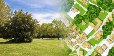 Kamu parkı, çayır ve ağaçlı hayali şehir haritası