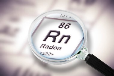 Radon gazı tehlikesi - elemanların periyodik tablo ve büyüteç ile kavram görüntü.