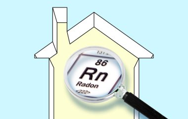Evlerimizdeki radon gazı tehlikesi - elementlerin periyodik tablosu ve büyüteçle görülen ev silueti konsept görüntüsü.