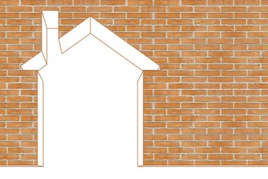 Tuğla duvara dayalı küçük bir evin silueti. Kopya alanı konsepti..