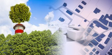 Şehirlerimizde yeşil endüstriyel dönüşüm - Sıfır CO2 emisyon kavramı baca üzerinde bir ağaç ve hayali şehir haritası ile