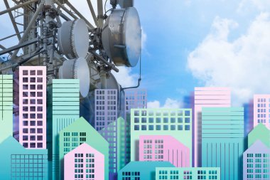 Bir yerleşim bölgesinde elektromanyetik kirliliğe maruz kalma konusunda uyarı - küresel iletişim hizmetleri için baz radyo istasyonu kavramı ve elektromanyetik emisyon alanları ve hayali bir şehir manzarasına karşı radyasyonlar