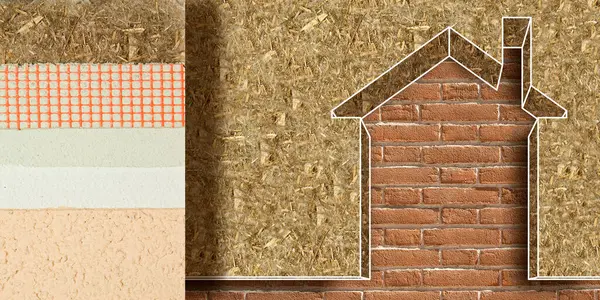 Tuğla duvar üzerindeki ısı kaybını azaltmak ve enerji verimliliği ve ev simgesi ile tasarruf kavramını geliştirmek için HEMP FIBers 'la ERGY Efficicency' yi inşa etmek ve termal kayıpları azaltmak