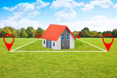 Arazi yönetimi - ev ikonu olan bir yerleşim bölgesinde inşaat ve konut altyapısı için boş bir araziye sahip gayrimenkul kavramı