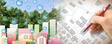 Ağaçlar ve şehir manzarası oksijen O2 ve karbondioksit CO2 molekülleri - şehirlerdeki hava kalitesini artırmak için karbondioksit emilimi ve oksijen salınımı - konsept görüntü