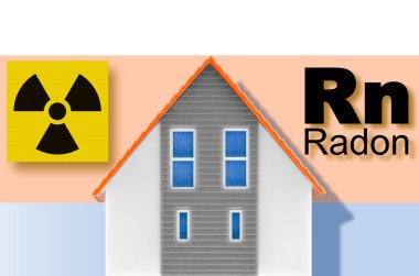 Binanın içindeki NATURAL RADON GAZETECİ - Radyoaktivite sembolü ve ev modeli kavramı