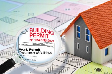 Gayrimenkul ve İstikrar İnşaatı İnşaat Ruhsatı, Genel Şehir Planı, Ev Modeli ve Büyüteç 