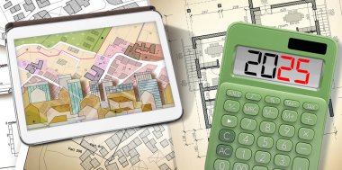 2025 Gayrimenkul İşletmeleri - İnşaat ve inşaat sektöründe işletme - Yeni mali yıl ve hesap makinesi, dijital tablet, şehir manzarası ve kadastro haritası ile Bütçe 2025 kavramı  