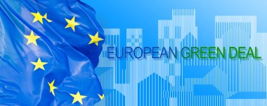 Avrupa Birliği 'nin 2050 yılında Avrupa Birliği' nin iklimini tarafsız hale getirmeyi amaçlayan bir dizi politika girişimi, bir Avrupa bayrağına karşı hayali bir şehir manzarası ile Avrupa GREEN anlaşması imzaladı.