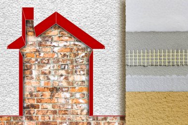 POLİSTYRENE PANEL BÜYÜK SERNAL TARAFINI - Eski bir tuğla duvara karşı uygulanan çeşitli katmanlar ve ev ikonu uygulamaları ile örnek