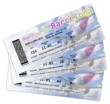 Barselona 'ya uçak biletleri beyaza izole edilmiş, görüntülerin içeriği tamamen uydurma.